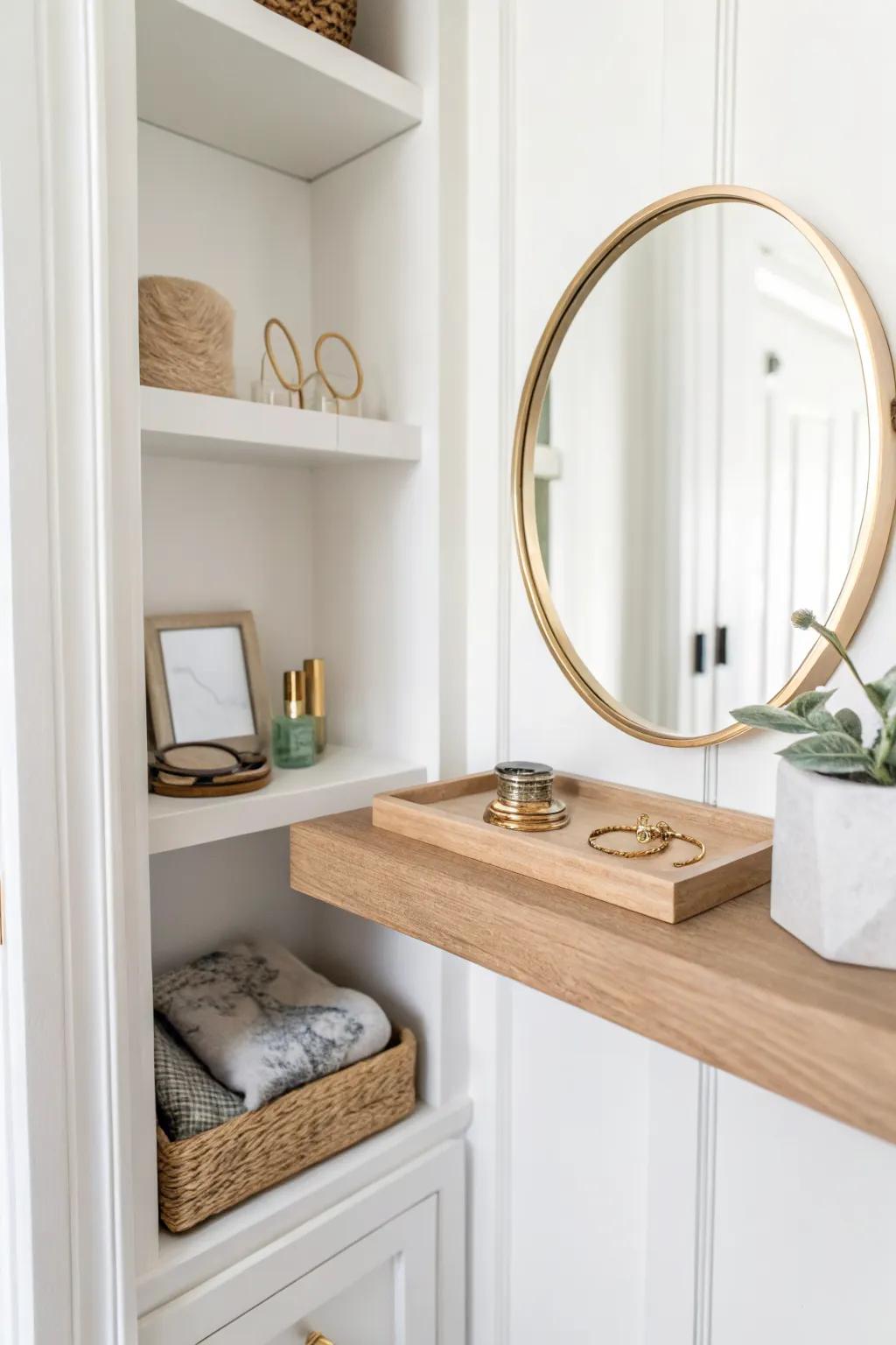 Tiny closet vanity shelf: mirror + tray keep jewelry tidy and mornings calm behind closed doors.