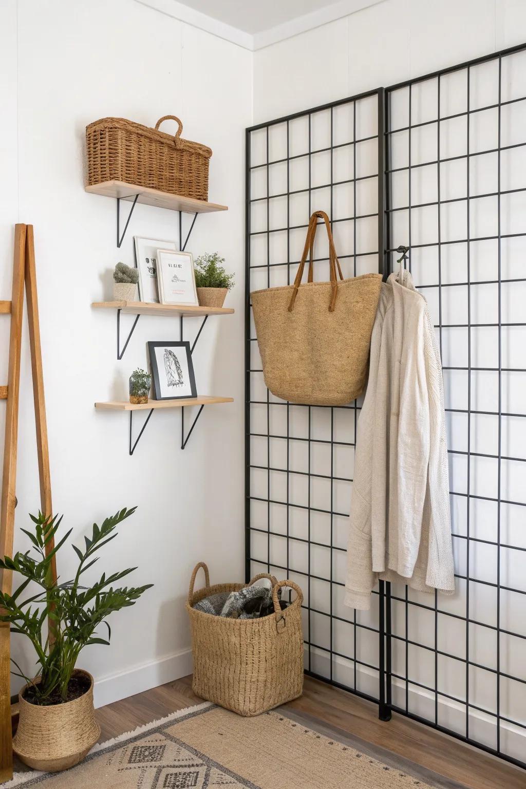Turn an awkward corner into a chic storage hub with a wraparound grid wall display.
