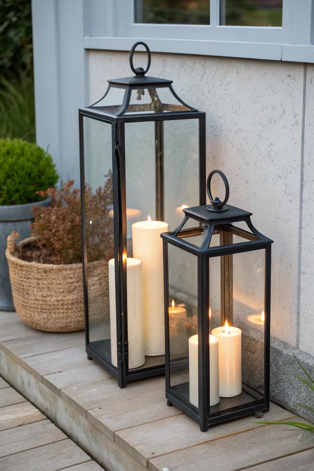 Warm lanterns grouped by size make a shadowy ground-floor patio corner feel cozy and curated.