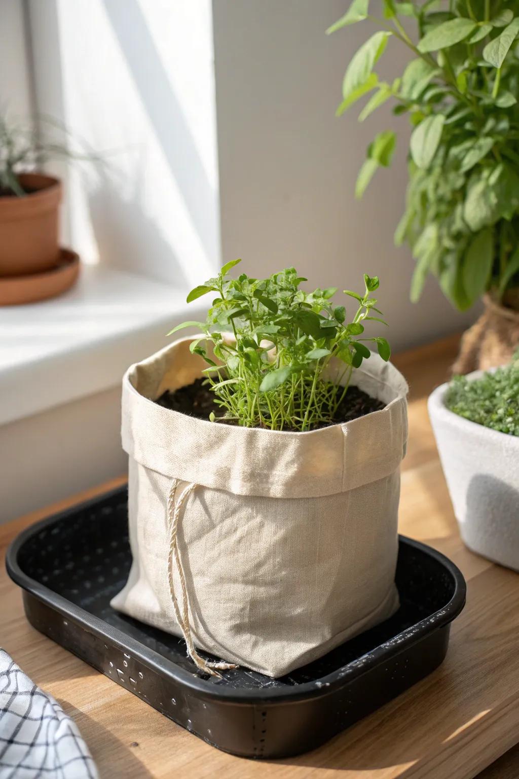 Bottom-water your grow bag in a sleek tray—stress-free hydration for those busy weeks.