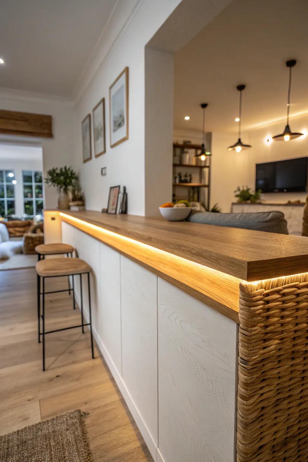 Warm under-ledge lighting on a half-wall bar top creates cozy separation without any bulk.