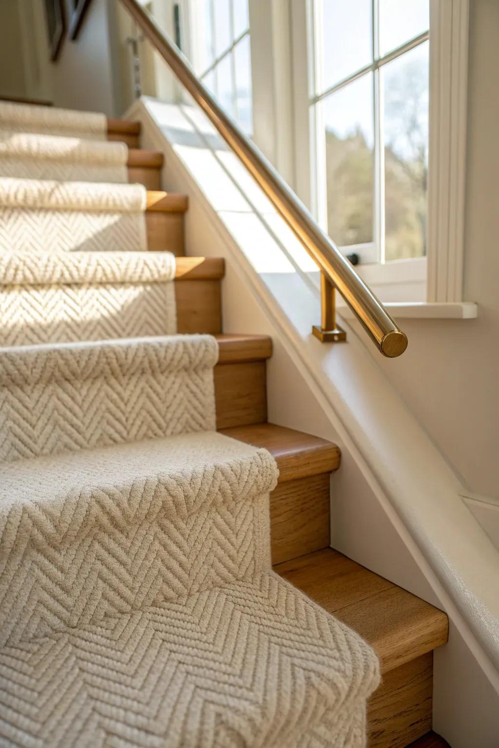 A simple stair runner + brass rods adds tailored texture and instant custom charm to your entry.