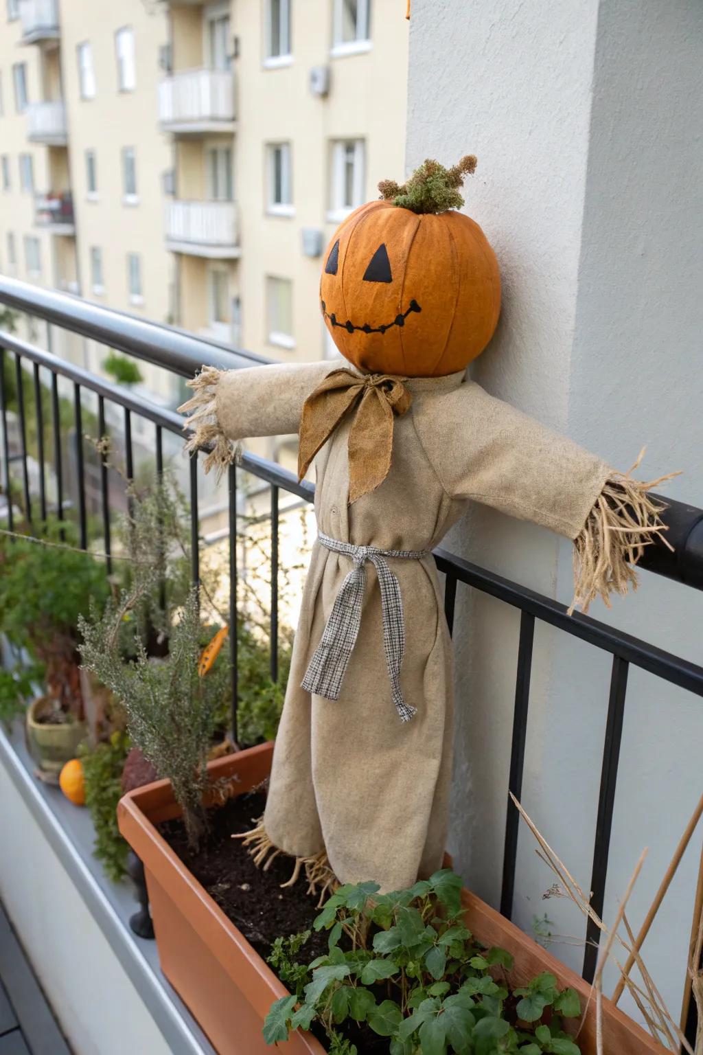 Creepy-cute pumpkin-head figure at the railing—instant Halloween focal point for tiny balconies.