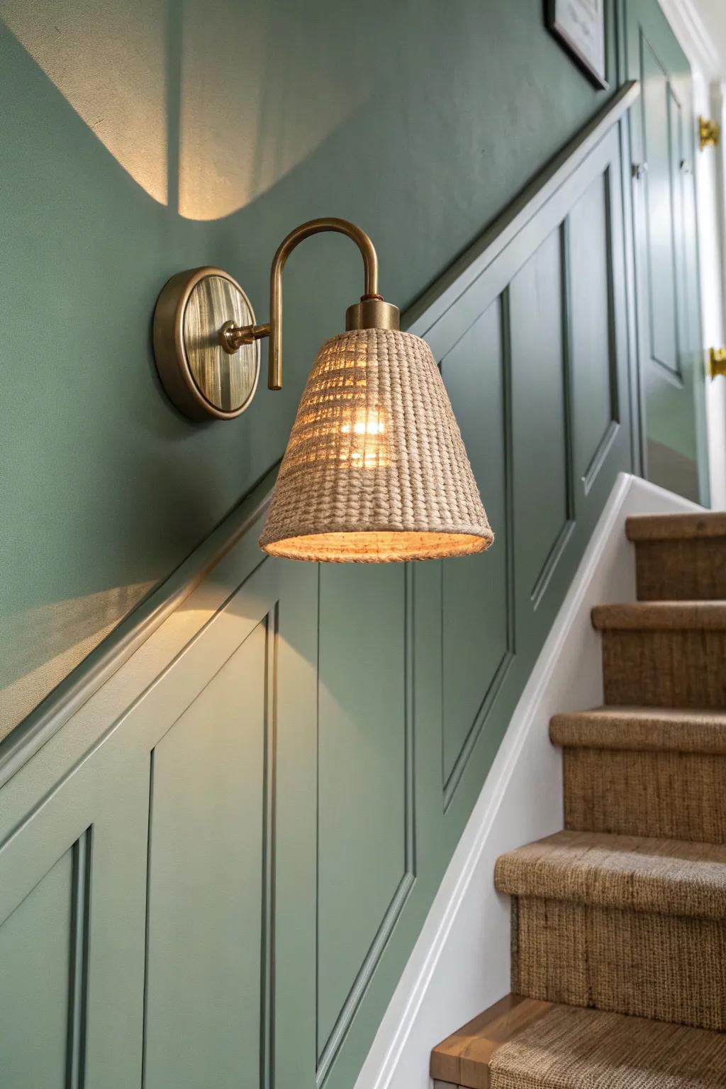 Color-drenched walls + a woven rattan sconce make the hallway-to-stairs transition seamless.