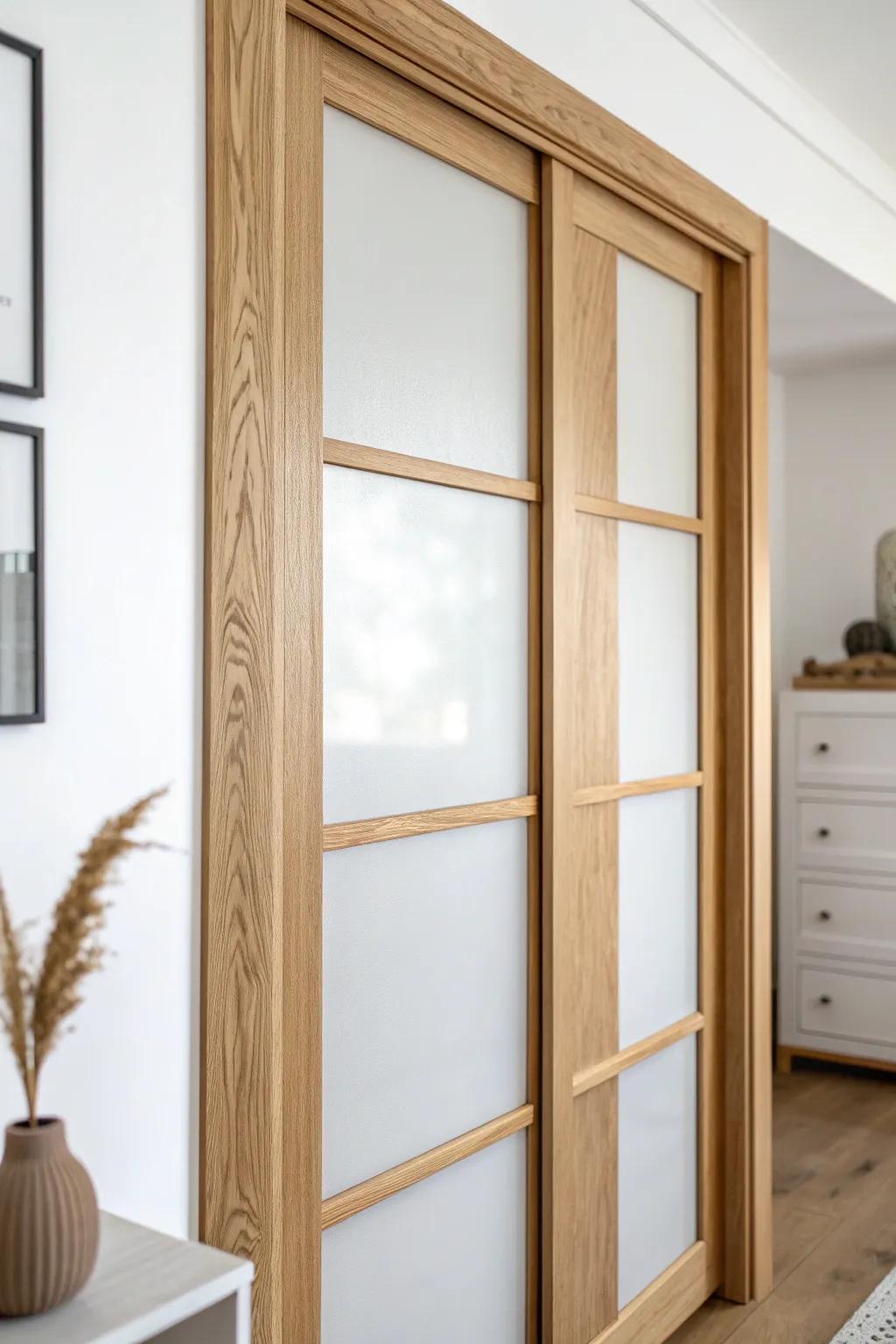 Frosted glass closet doors brighten your entryway while keeping coats and clutter hidden.
