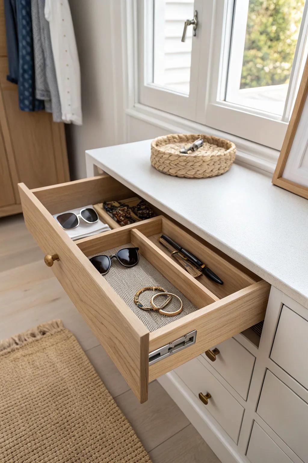 A slim closet drawer keeps keys and sunglasses in one calm, clutter-free drop zone.