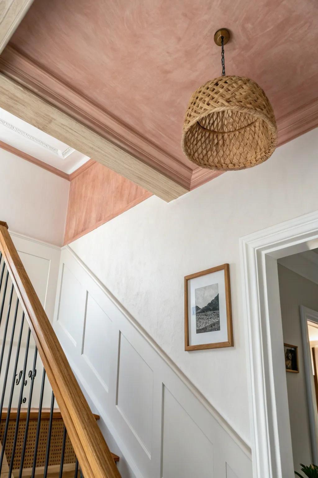 A blush-painted hallway ceiling adds cozy depth at night—simple, soft, and surprisingly stylish.