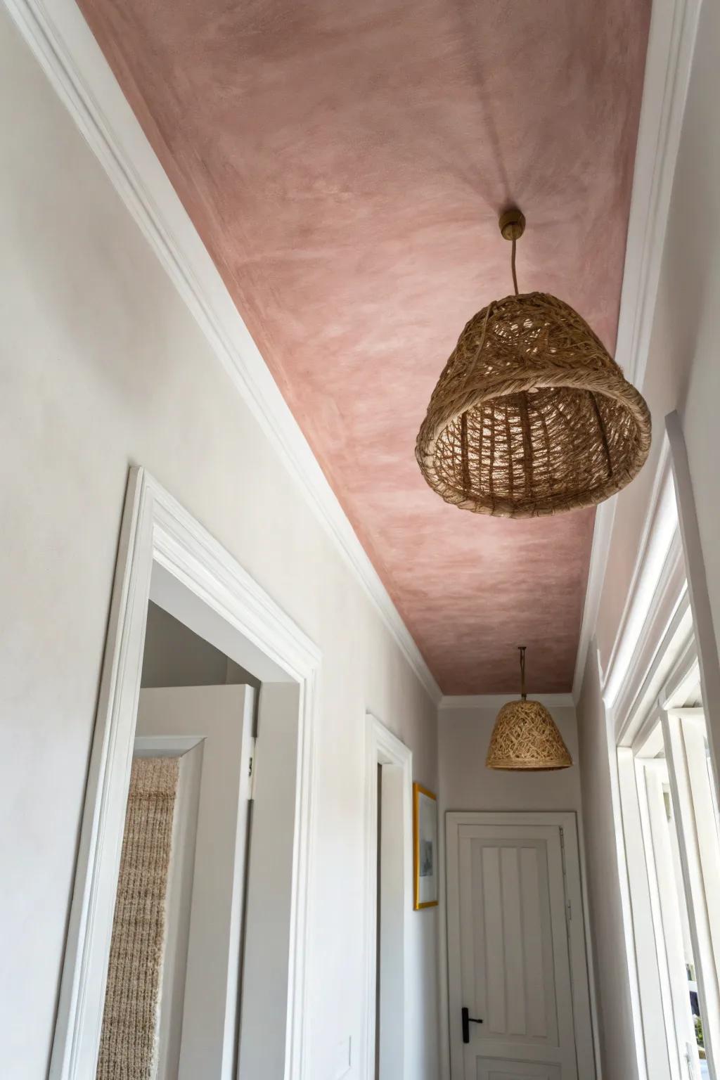 Paint the hallway ceiling a soft blush—an unexpected detail that makes small spaces feel designed.