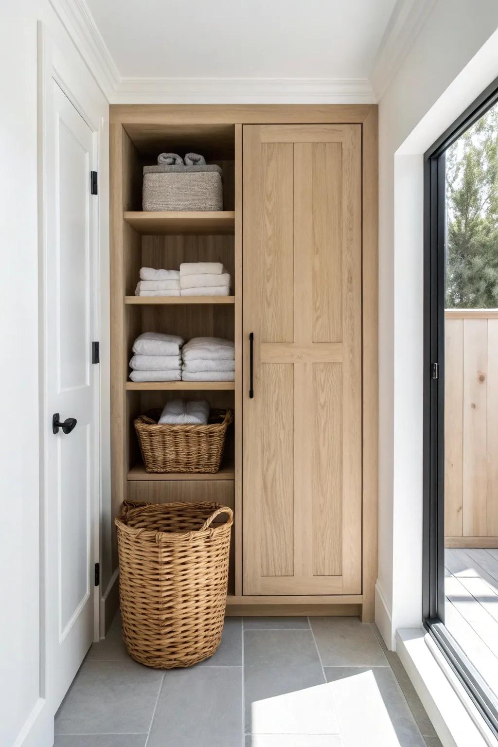 Turn that awkward hallway niche into a chic laundry closet with a slim built‑in cabinet.