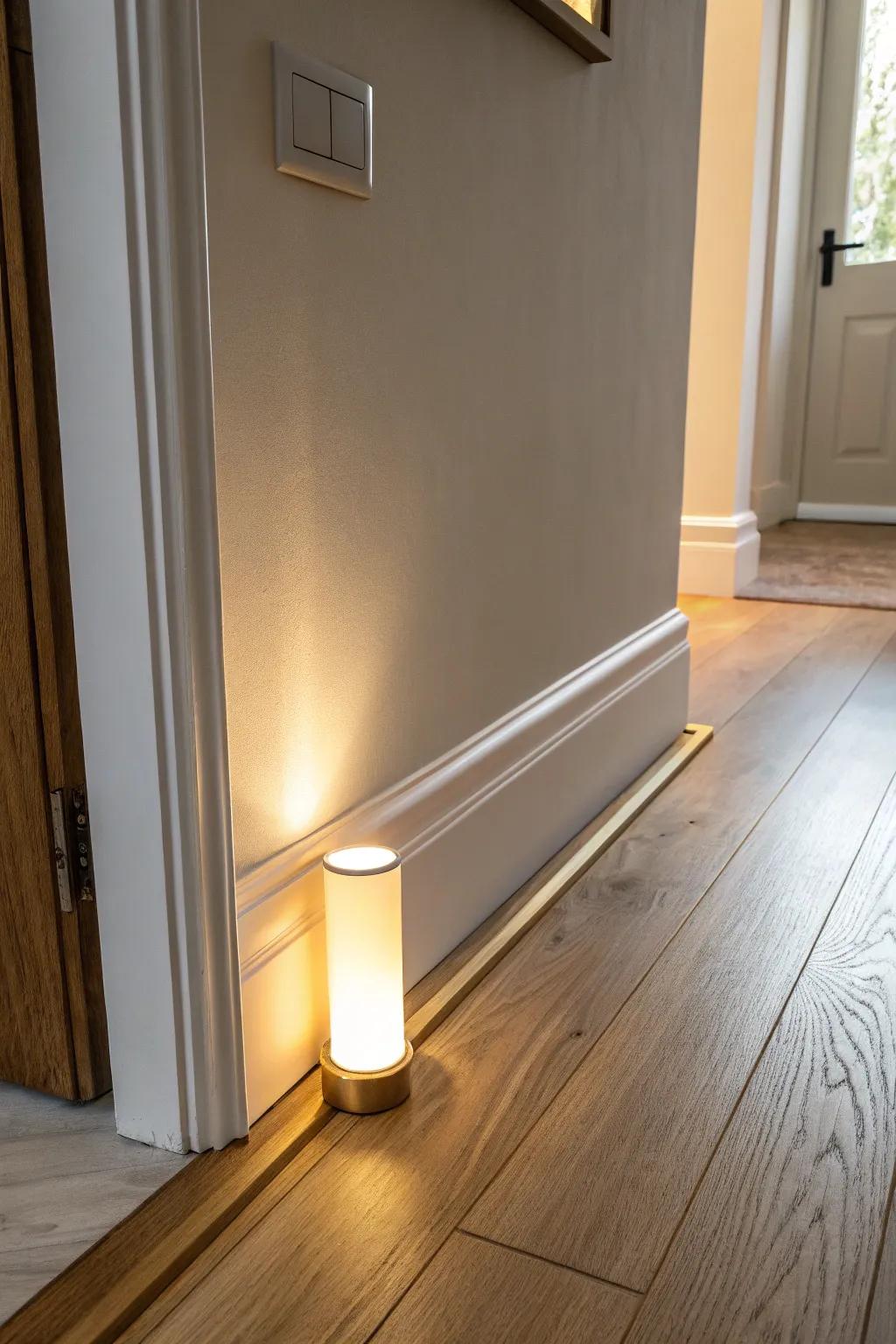 Tiny floor-level glow, big boutique-hotel vibes—guides the way and widens narrow halls.