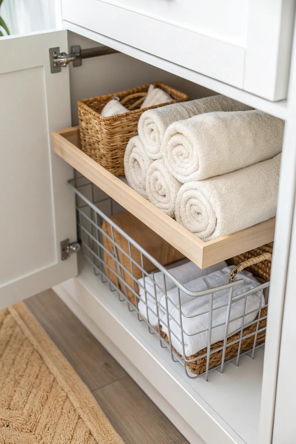 Pull-out basket = no more lost pillowcases—deep shelves stay tidy and accessible.