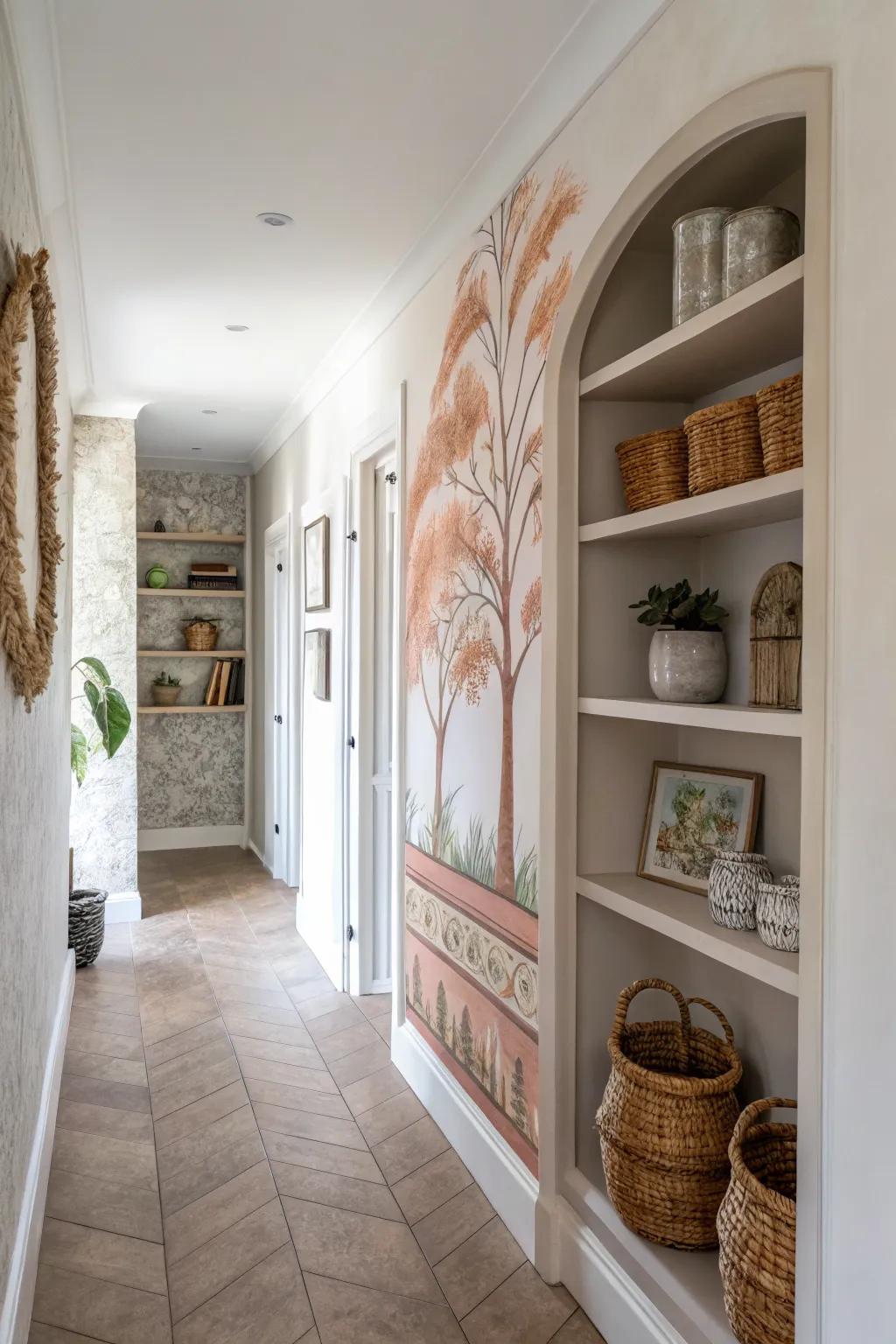 Library charm without losing an inch—this faux built-in bookshelf mural elevates any hallway.