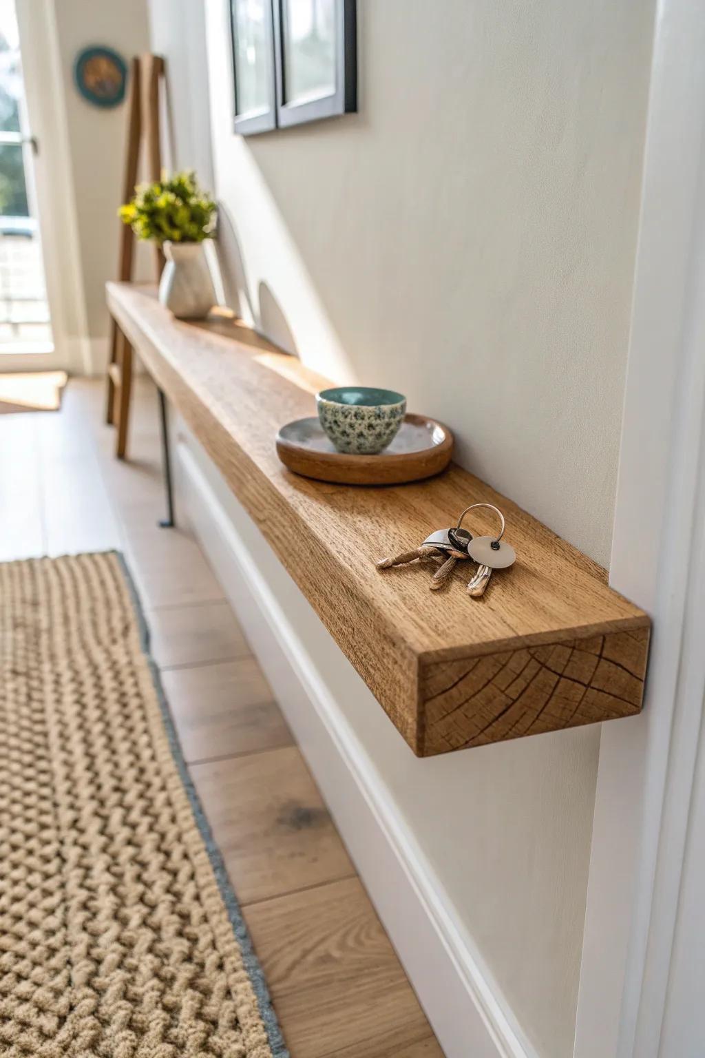 A slim floating shelf nook that adds a key-drop landing strip to the narrowest hallway.