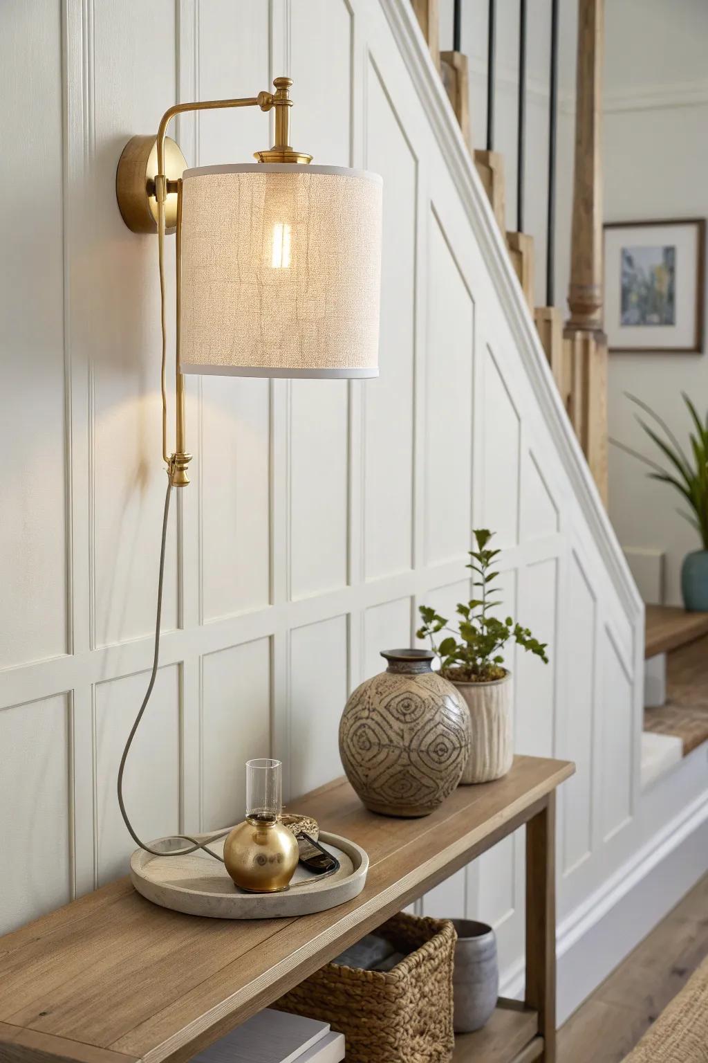 Renter-friendly plug-in sconce that hides the cord for a polished, cozy hallway glow.