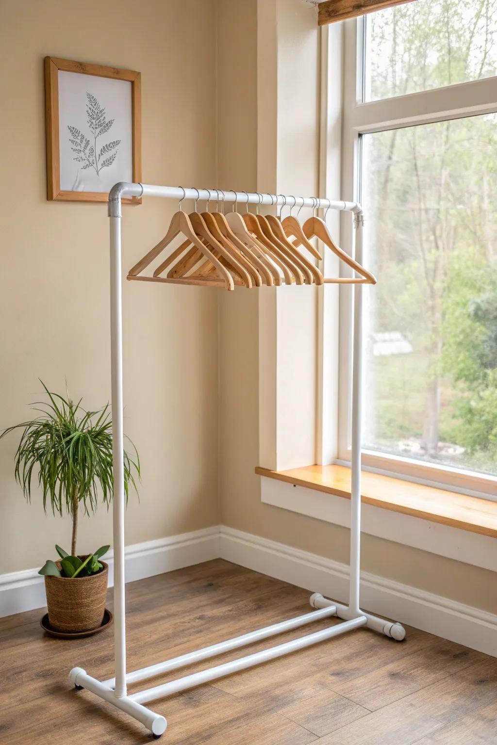 DIY PVC hanger stand: a compact, freestanding rack that keeps empty hangers tidy and in reach.