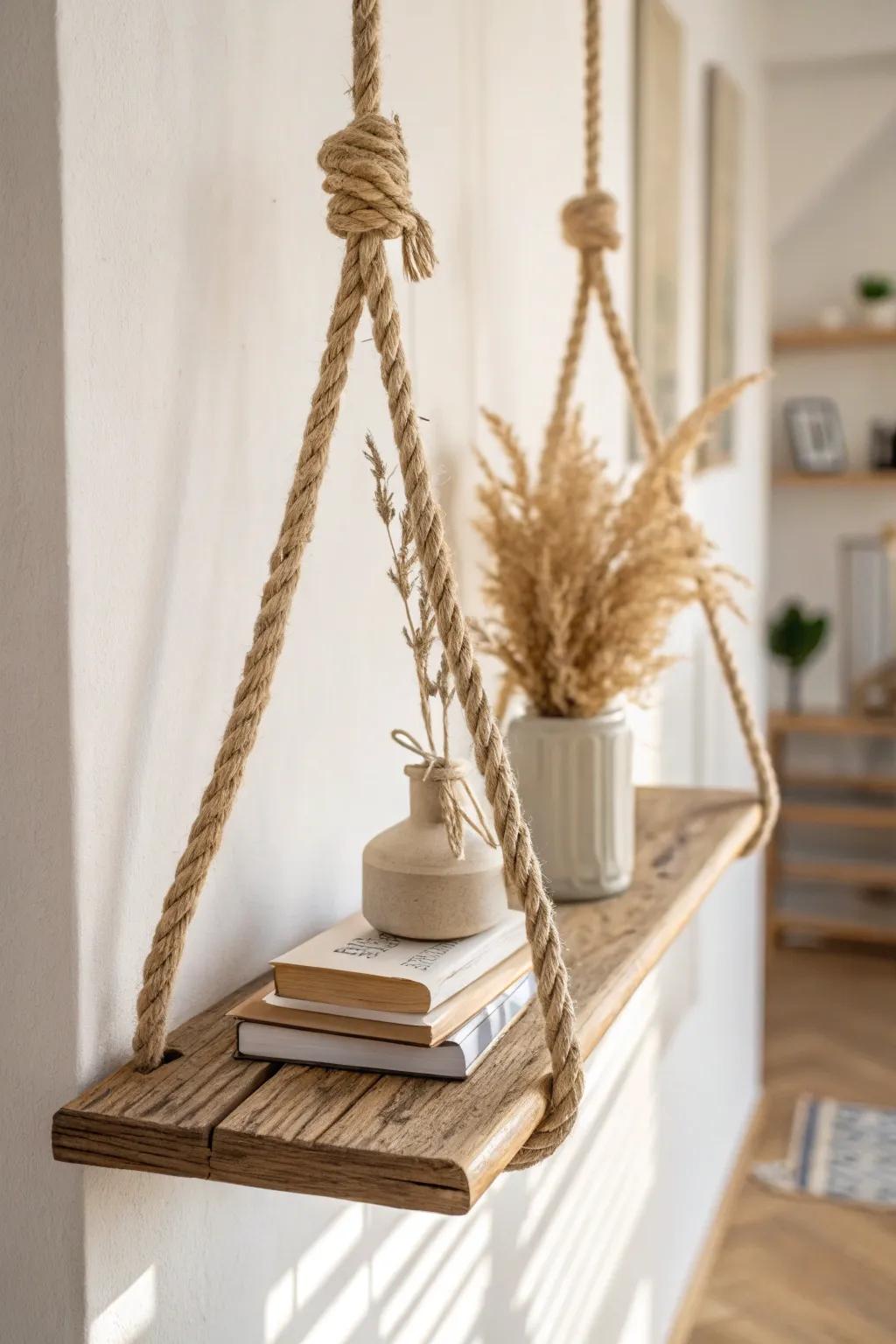 Airy rope-suspended plank shelf in light oak—minimal, cozy, and perfectly balanced for books.