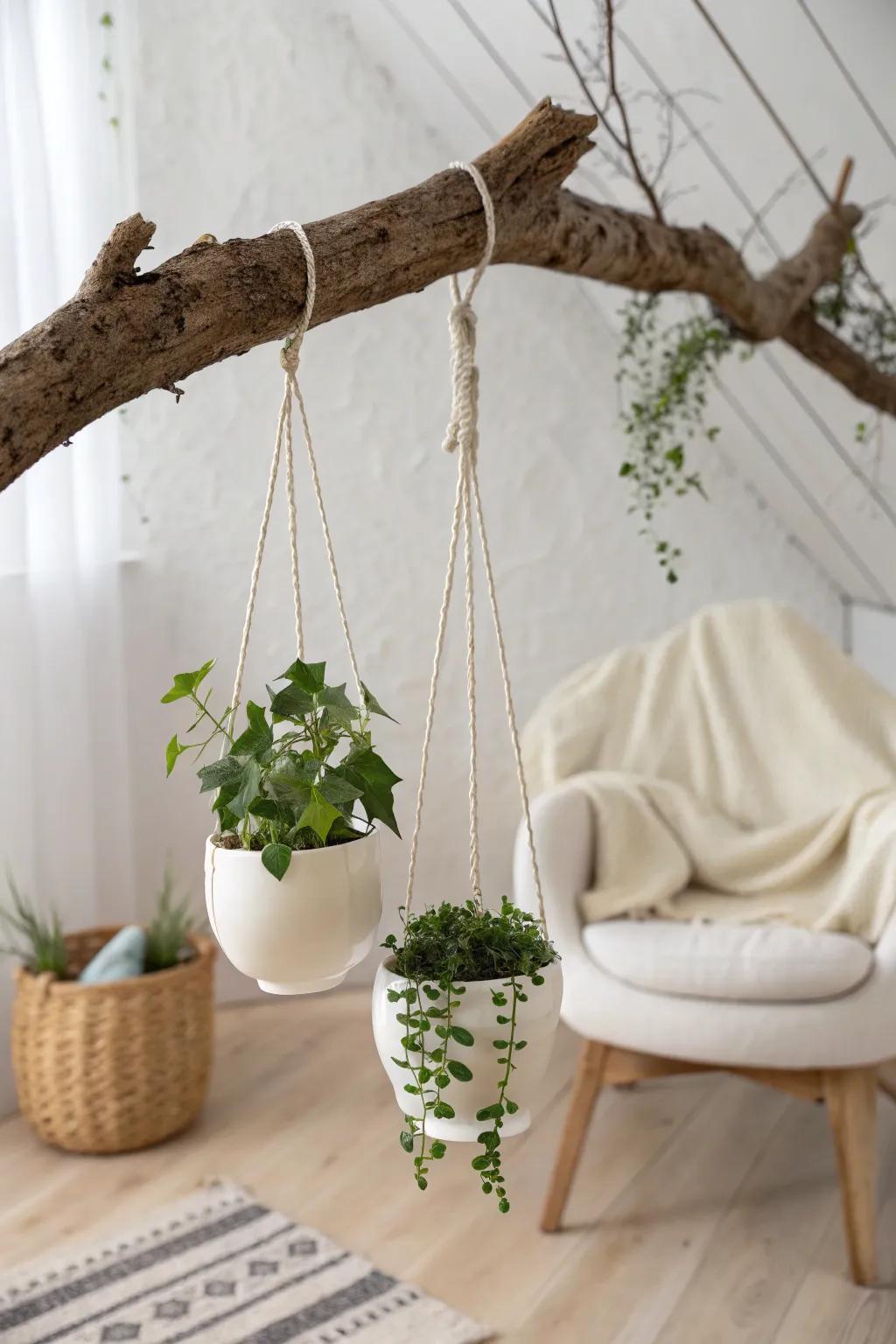 A simple branch hanger adds organic texture and fits multiple plants above a tiny nook.