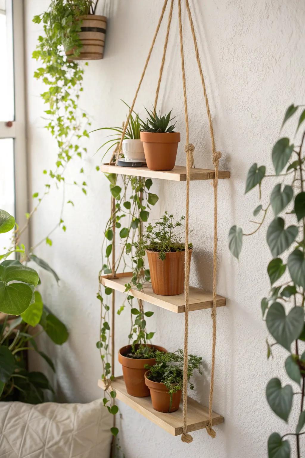 A sleek hanging shelf grid turns a blank wall into a lush indoor garden—no floor space needed.