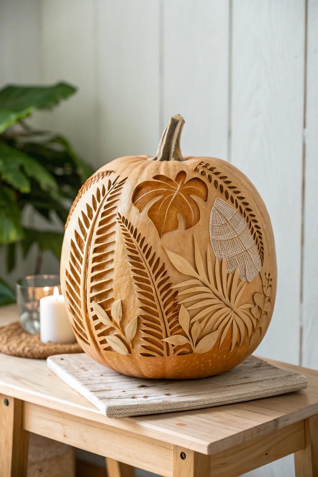 Embrace the lush elegance of a Hawaiian rainforest with this intricately carved pumpkin.