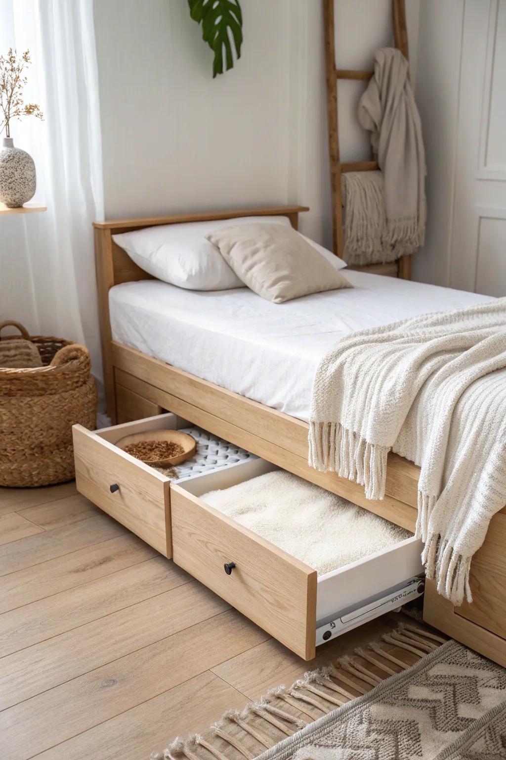 A pull-out trundle hides an extra bed by day—keeping your small bedroom open and serene.