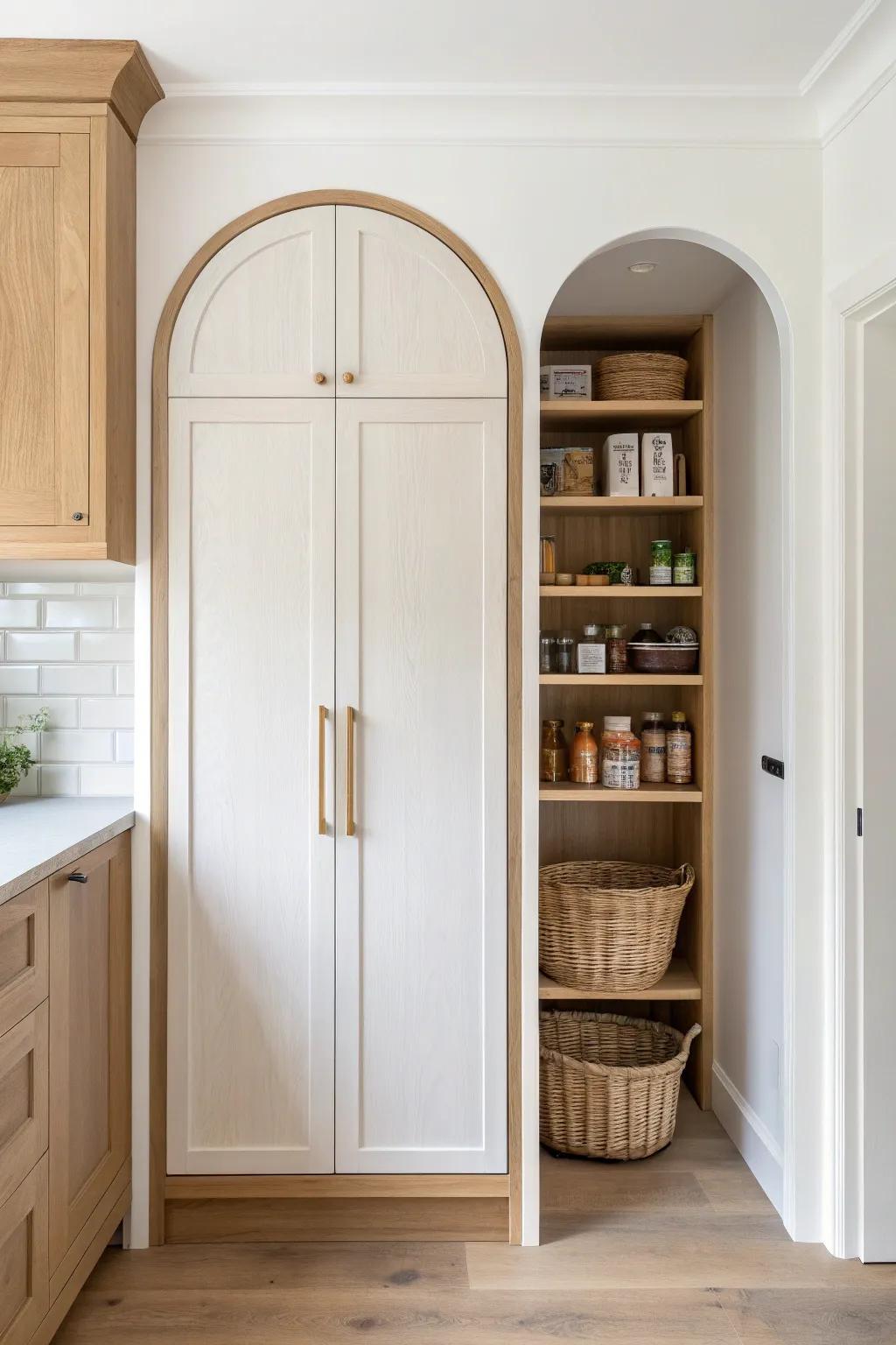 An arched “secret room” cabinet opening—minimal on the outside, cozy hidden pantry inside.