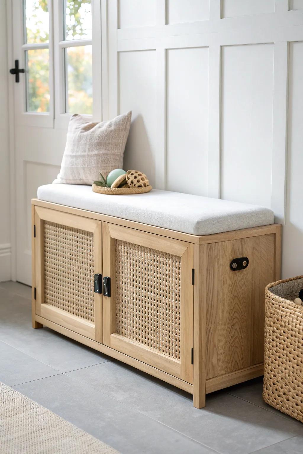 A sleek entry bench cabinet hides toys behind doors—tidy hallway in seconds for kids.