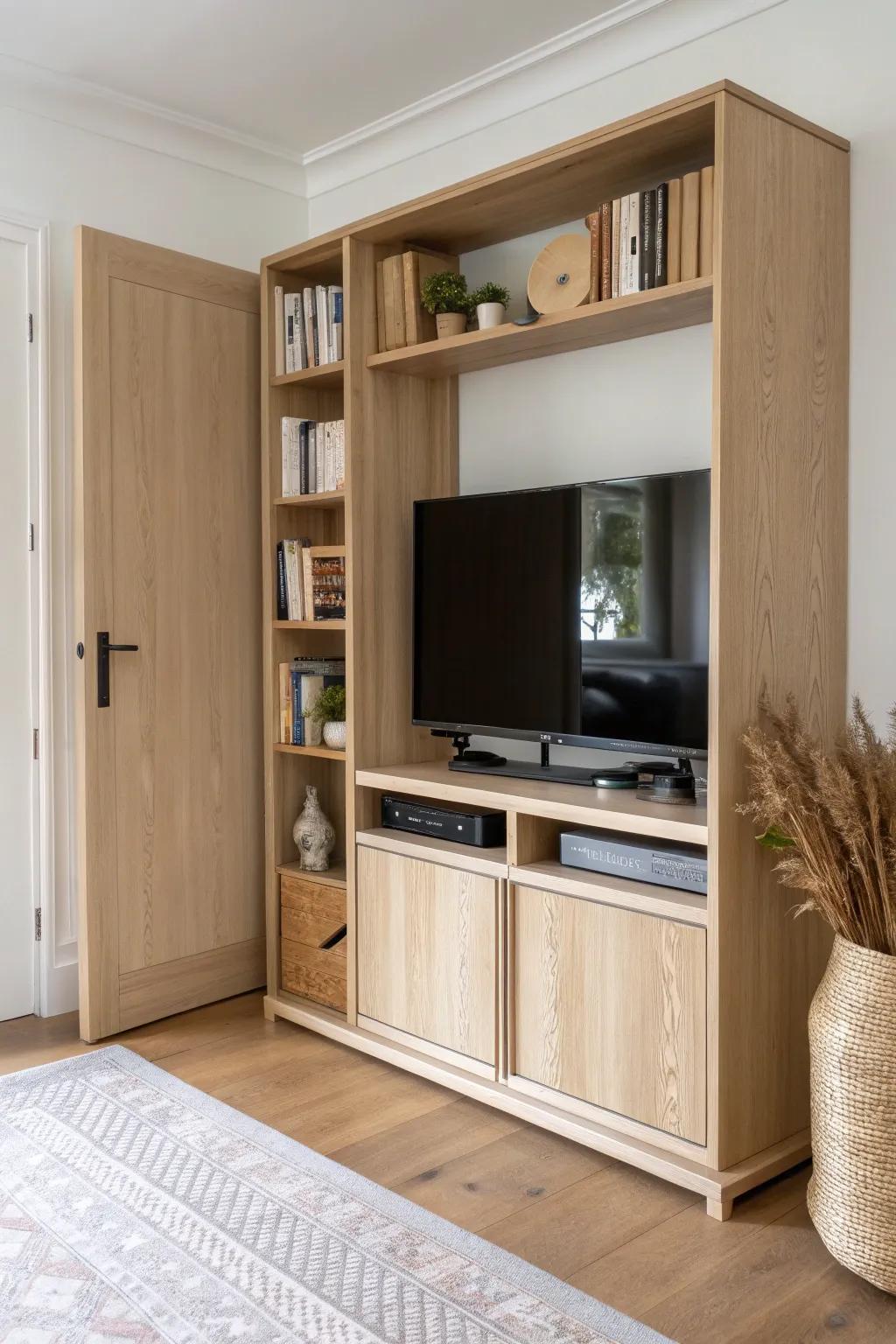 A shallow bookcase door swings open to reveal a hidden TV—storage and surprise in one.
