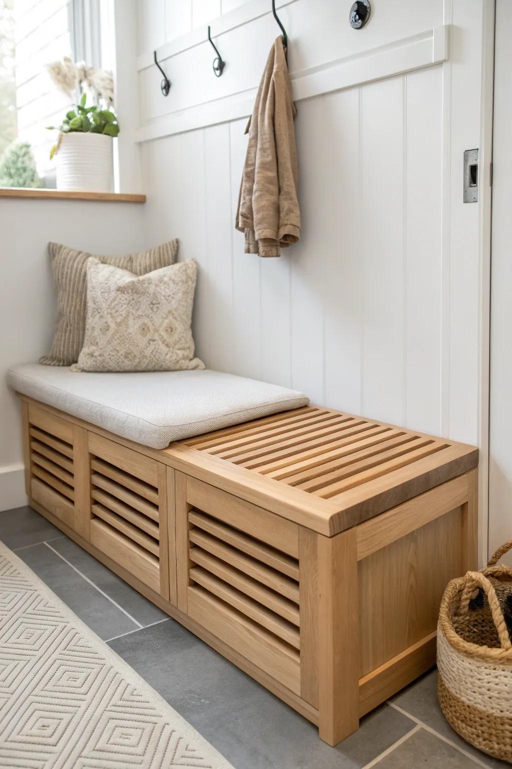 A removable ventilated bench front that hides utilities while adding cozy built-in seating.