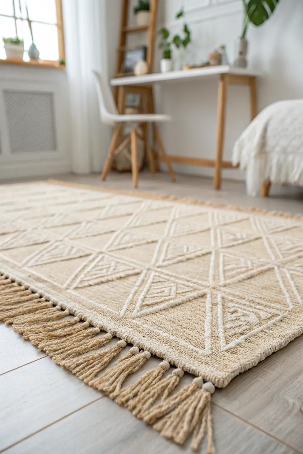 Two zones, one calm space—use layered rugs to separate work focus from guest-room comfort.