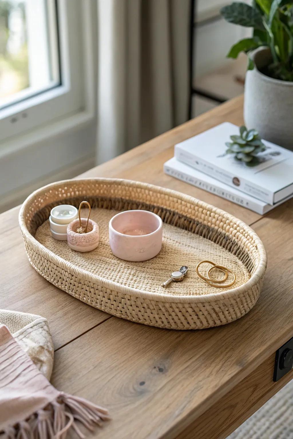 A pretty “reset” tray keeps everyday essentials in one spot—instant coffee-table calm.