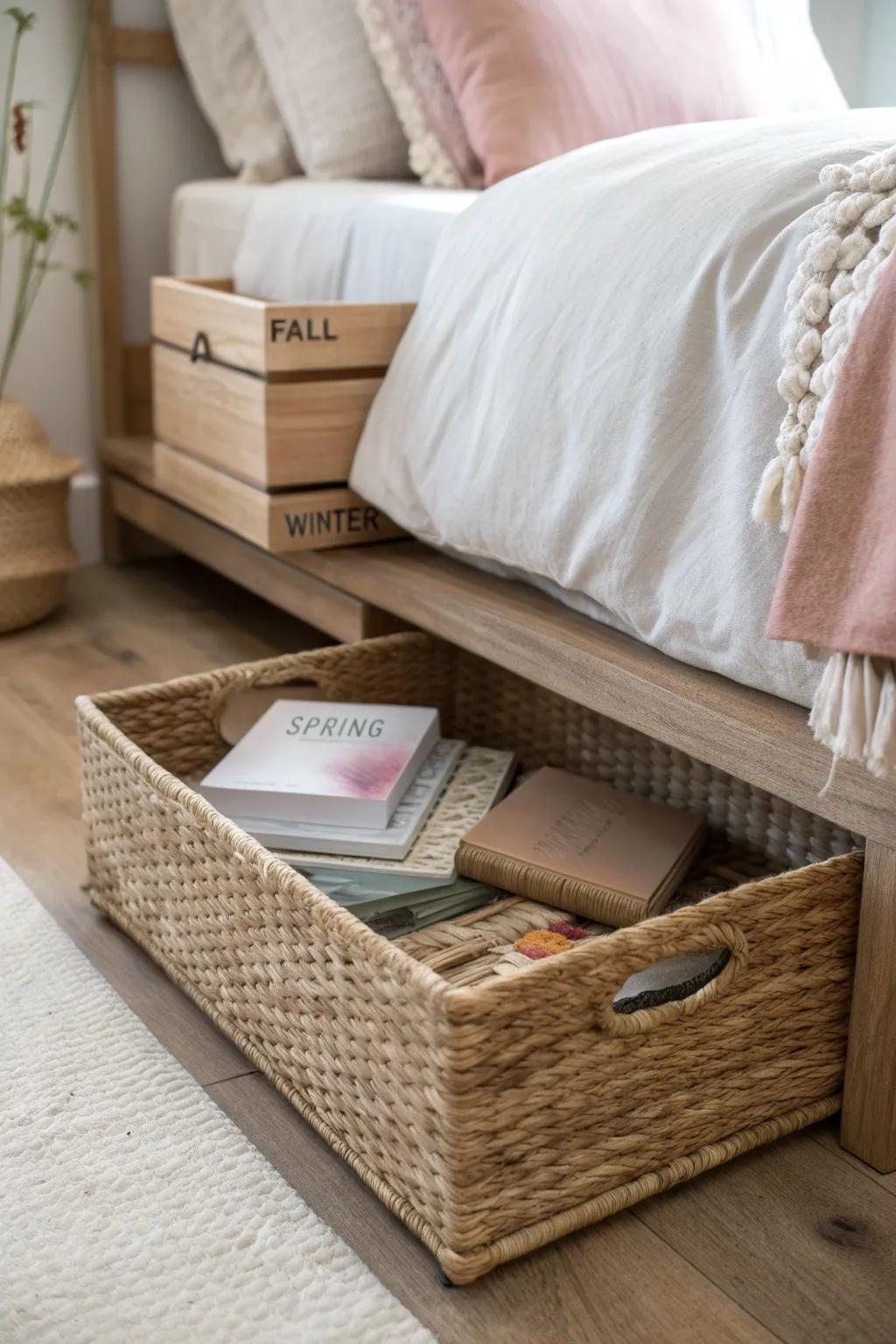 Tuck away next-term curriculum in a woven under-bed bin to keep your homeschool nook calm.