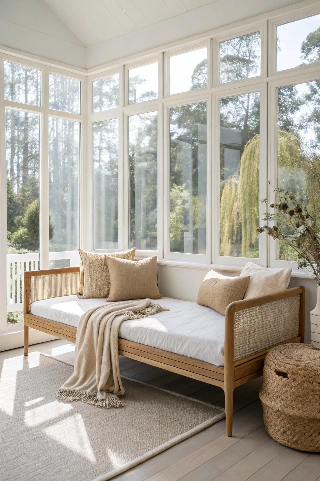 A minimalist daybed turns a small sunroom into an all-day lounge-worthy retreat.