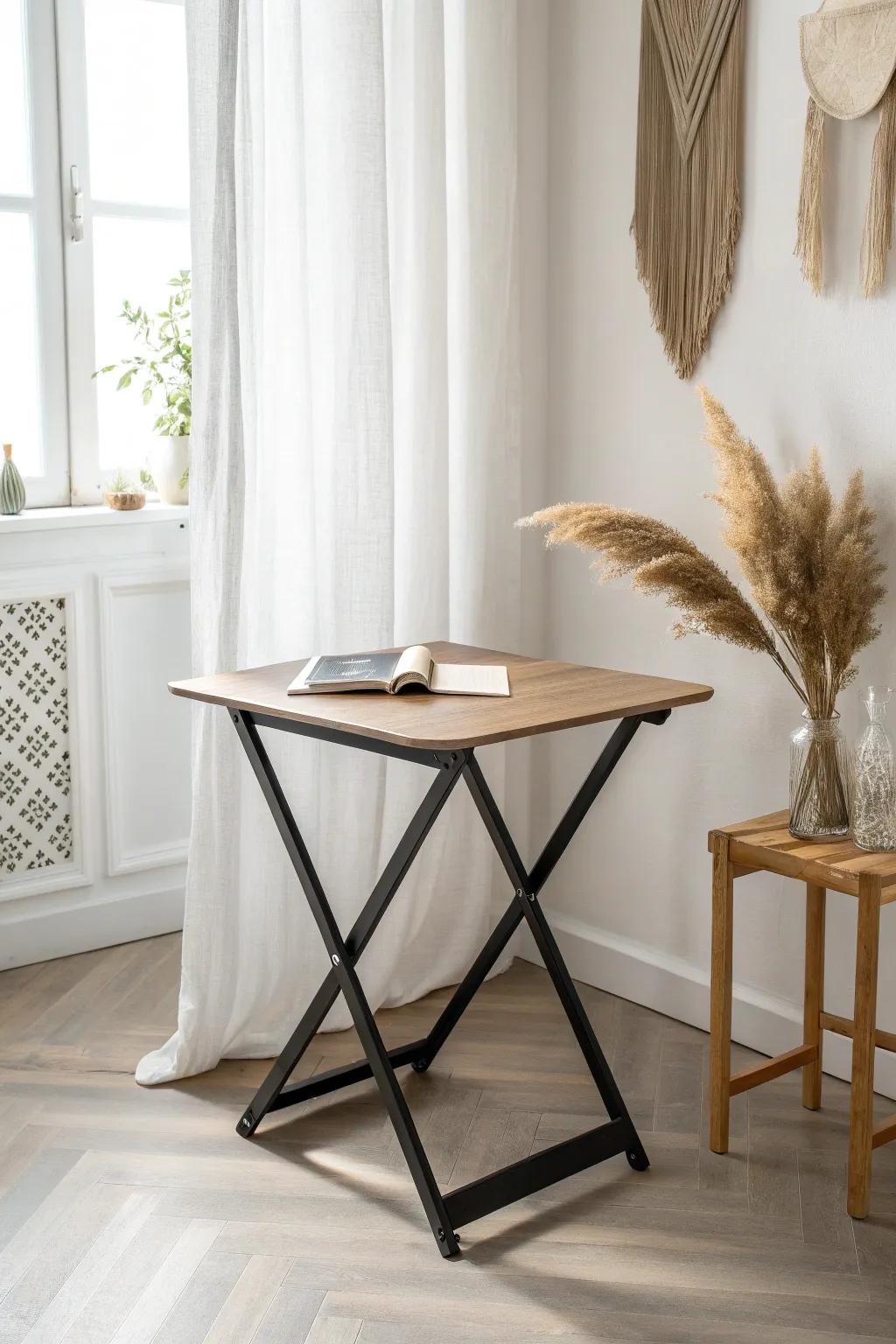 Two-tone paint instantly upgrades a folding table—dark base, light top for a designer look.