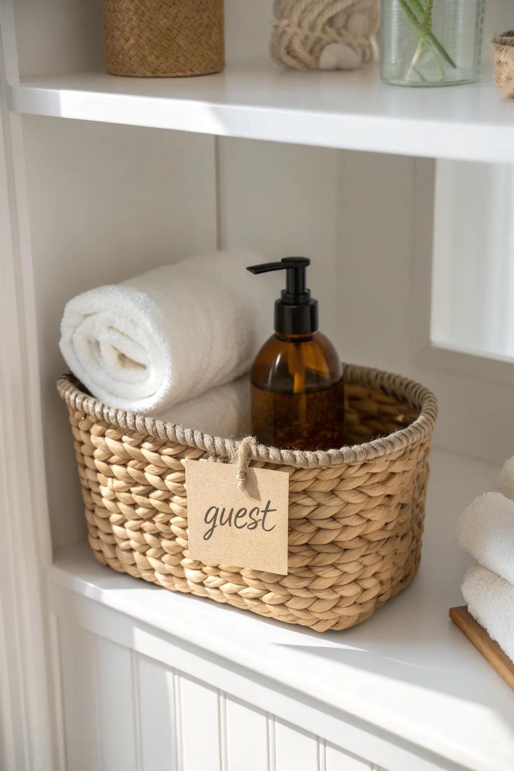 A grab-and-go guest basket keeps towels and essentials ready—no linen closet digging needed.