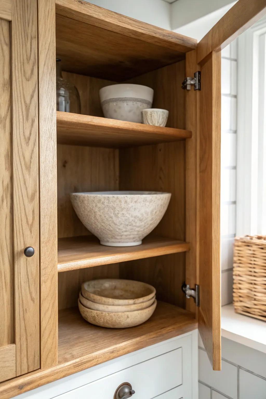 Switch doors for open corner shelves—one beautiful bowl makes the space feel lighter.