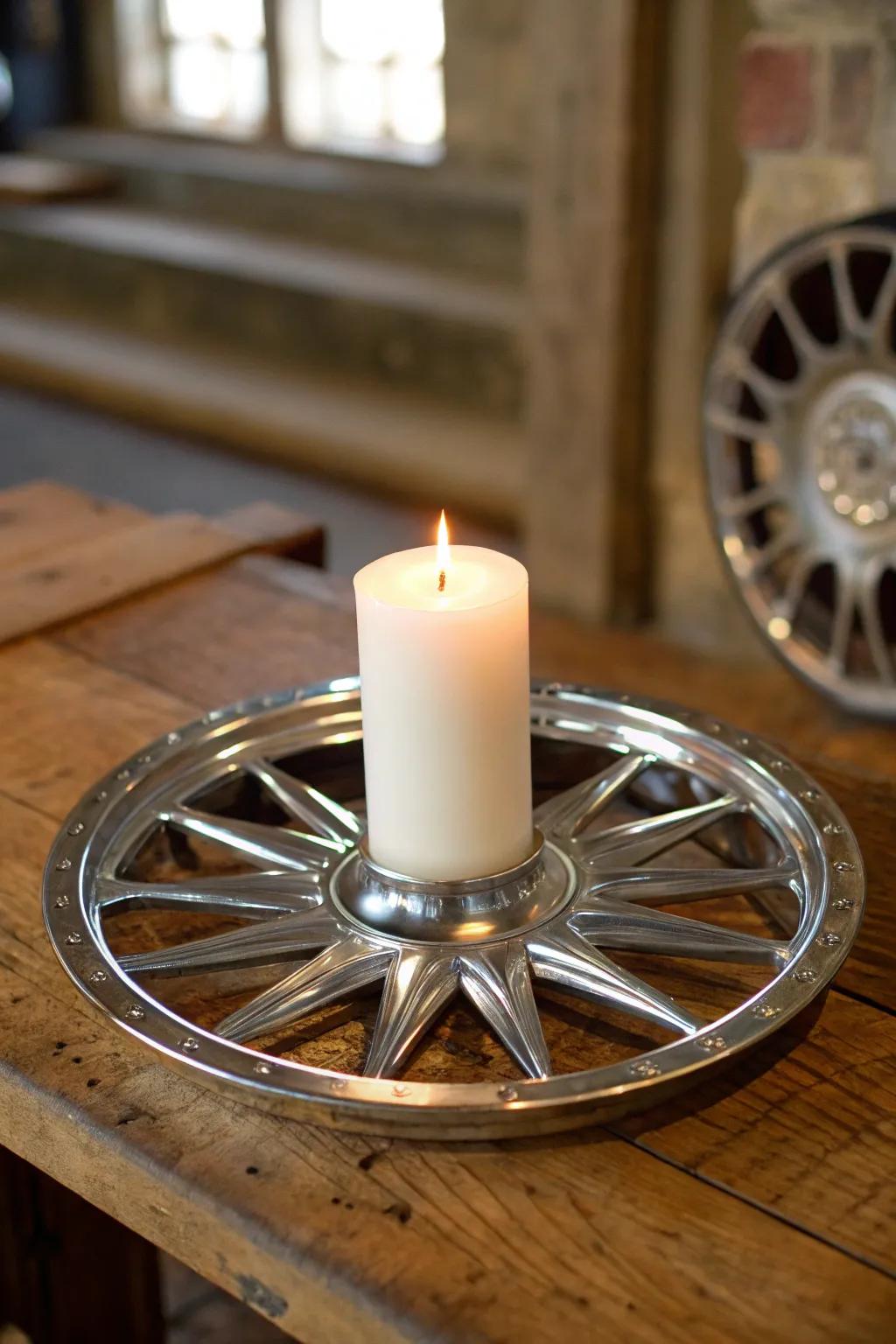 Transform your space with the warm glow of hubcap candle holders.