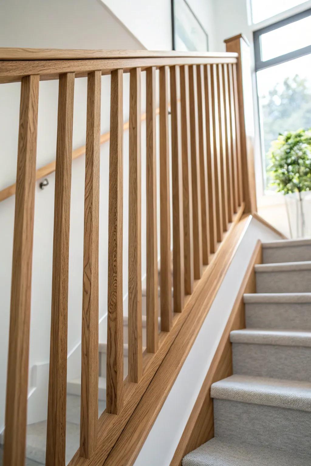 Pretty and safe: slim oak slat railing that turns stair dead space into decor.