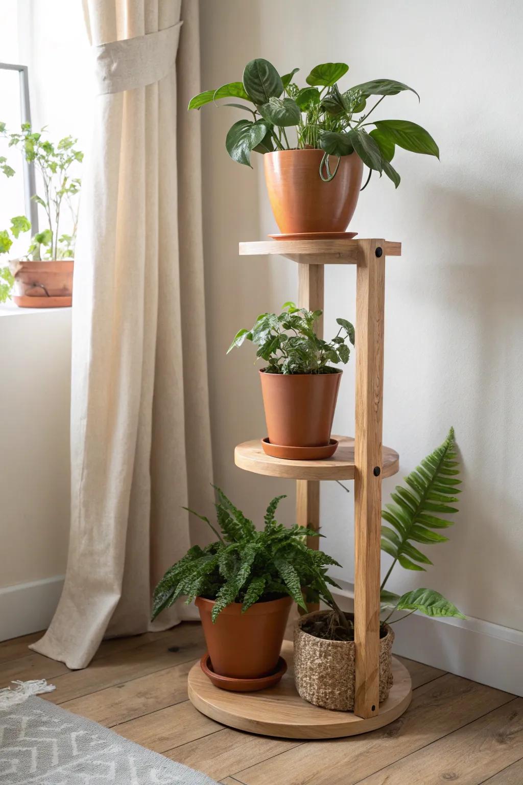 Turn that empty corner into a statement with a layered plant-stand cluster in warm wood.