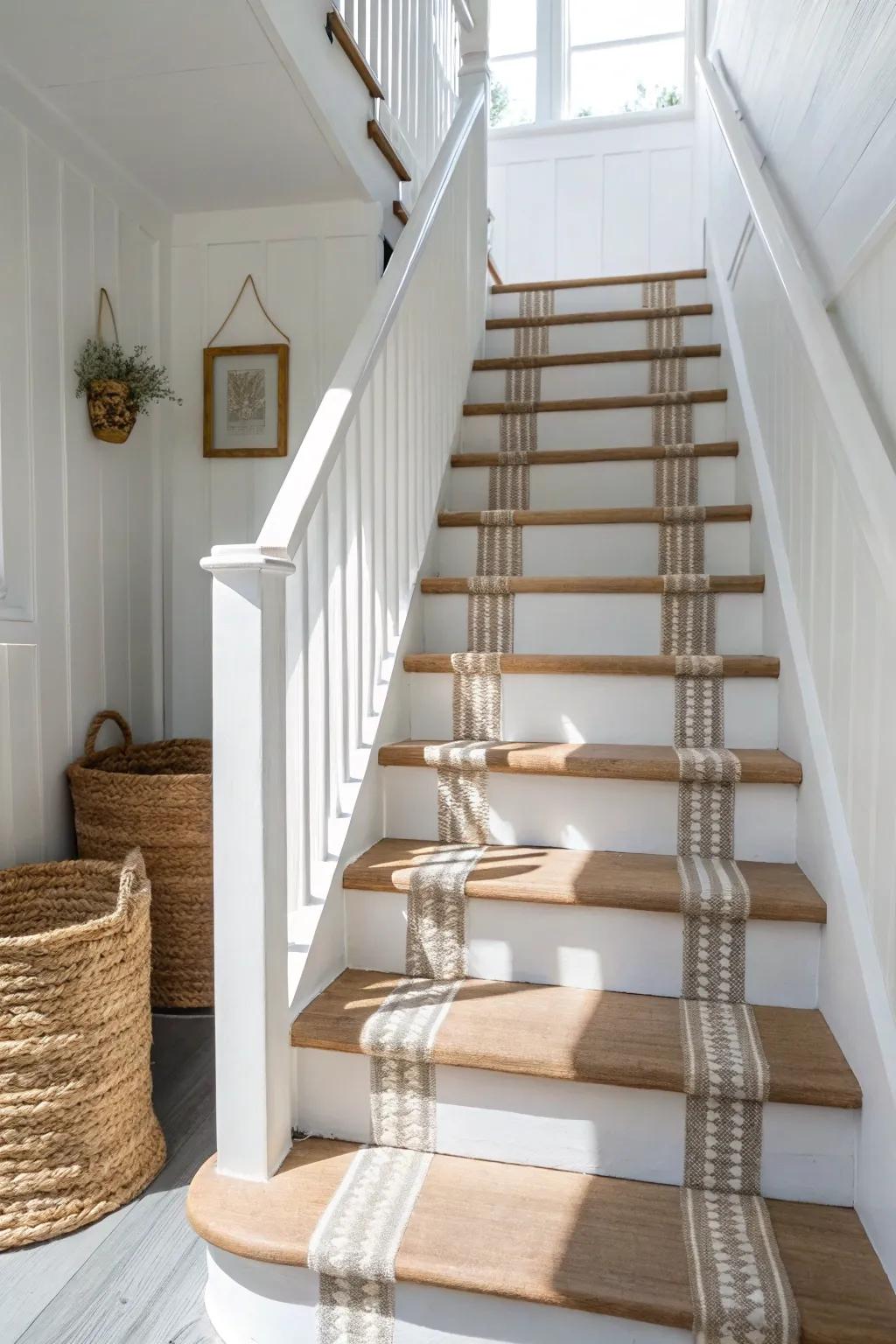 Budget-friendly faux stair runner: crisp painted edges that match trim and wipe clean.