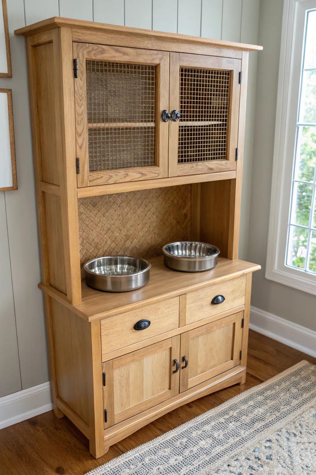 Turn an old hutch into a chic pet station—hidden bins, hooks, and bowls in one spot.