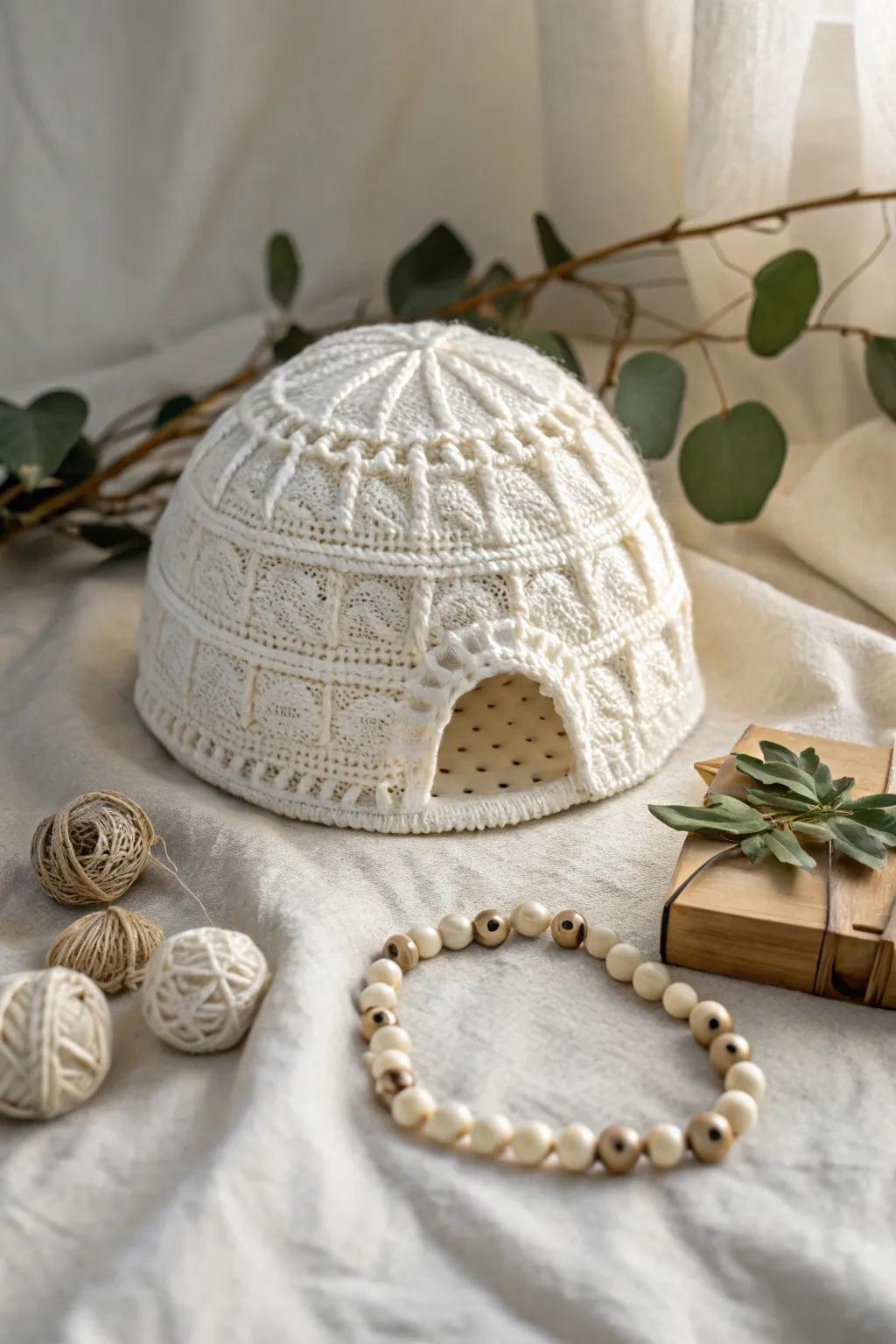 Crafted elegance: A charming yarn igloo capturing the essence of minimalist boho style.