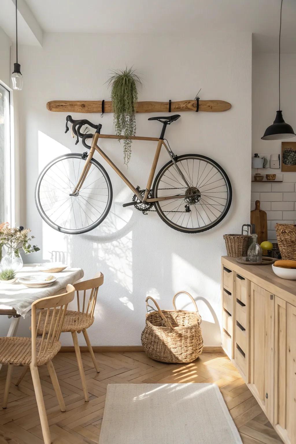 Turn bike storage into wall art—minimal, airy, and perfect beside a small dining nook.
