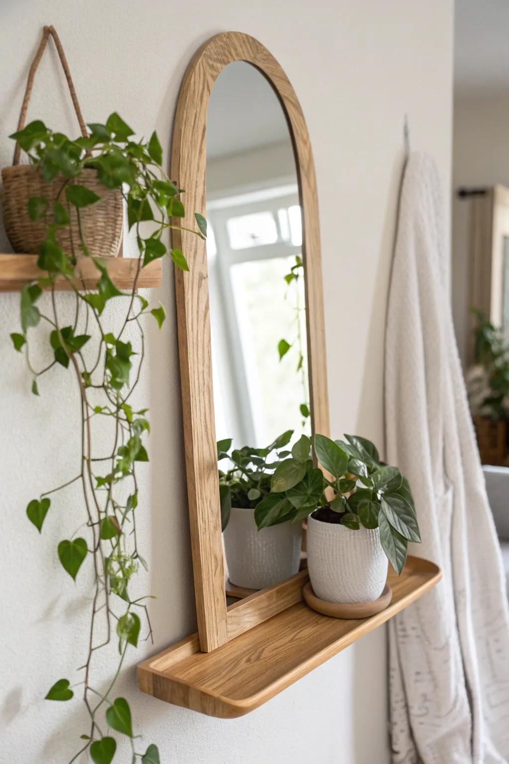 Mirror-backed plant shelf that doubles light—bright, airy greenery for the smallest corners.