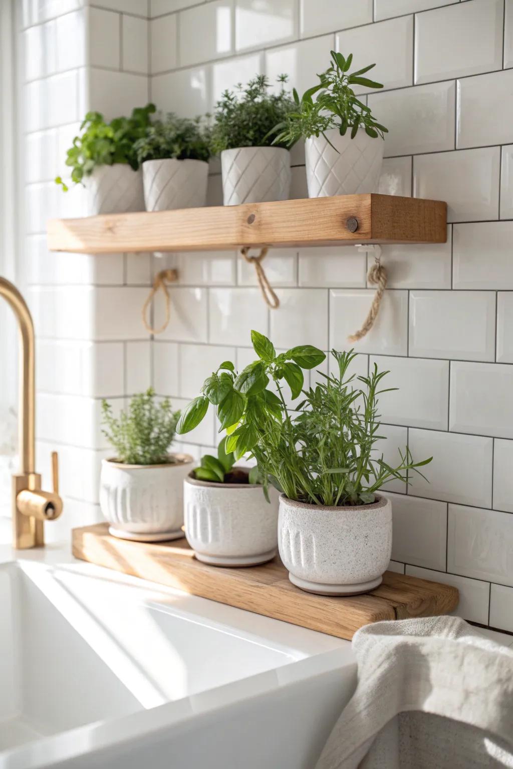 A slim over-the-sink shelf turns unused space into a fresh, mess-free herb garden.