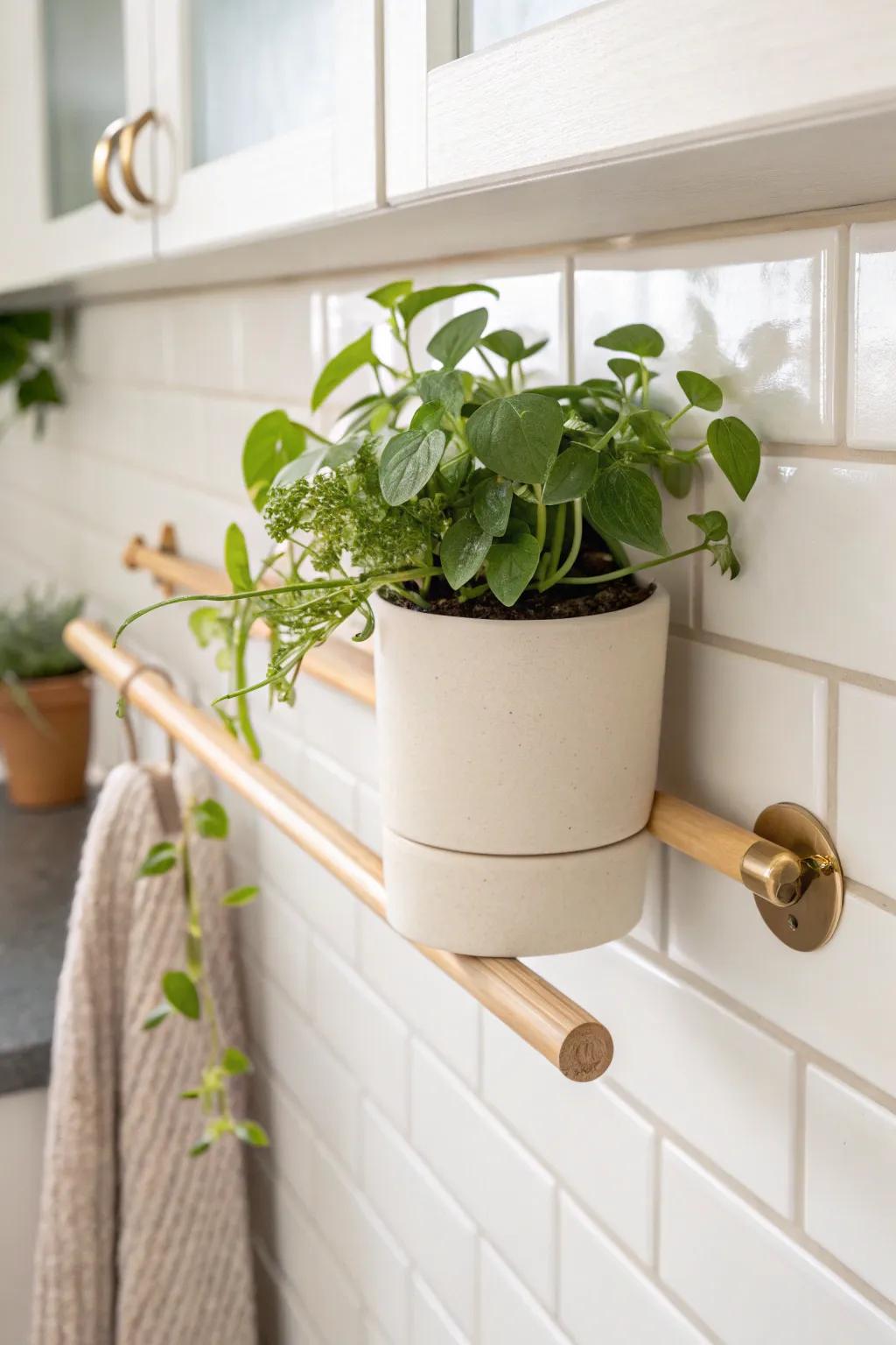 Repositionable wall planter rail—slide greenery to the best light, kitchen-friendly and chic.
