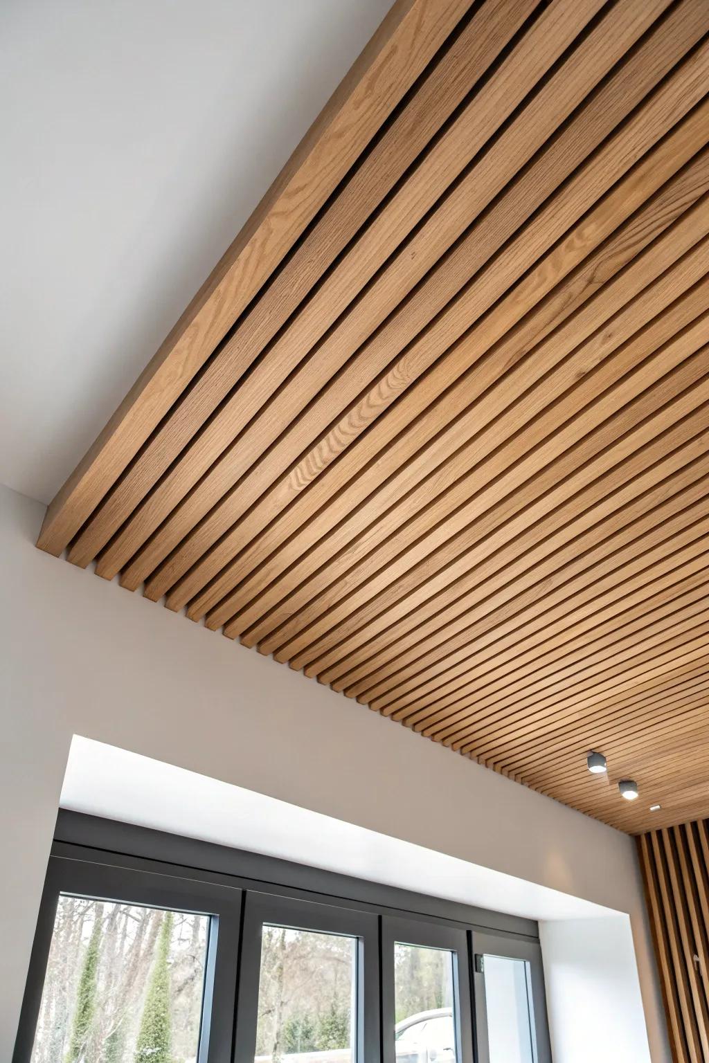 Ceiling-to-wall wood slats that lift the eye—minimal, warm, and made for small rooms.