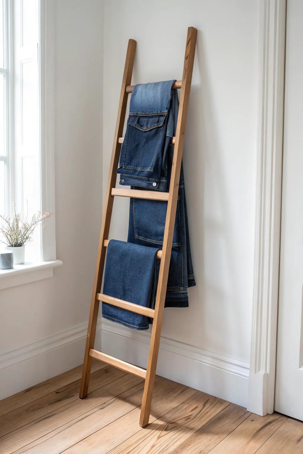 Leaning ladder + folded jeans = a chic display rail that saves precious closet space in small rooms.