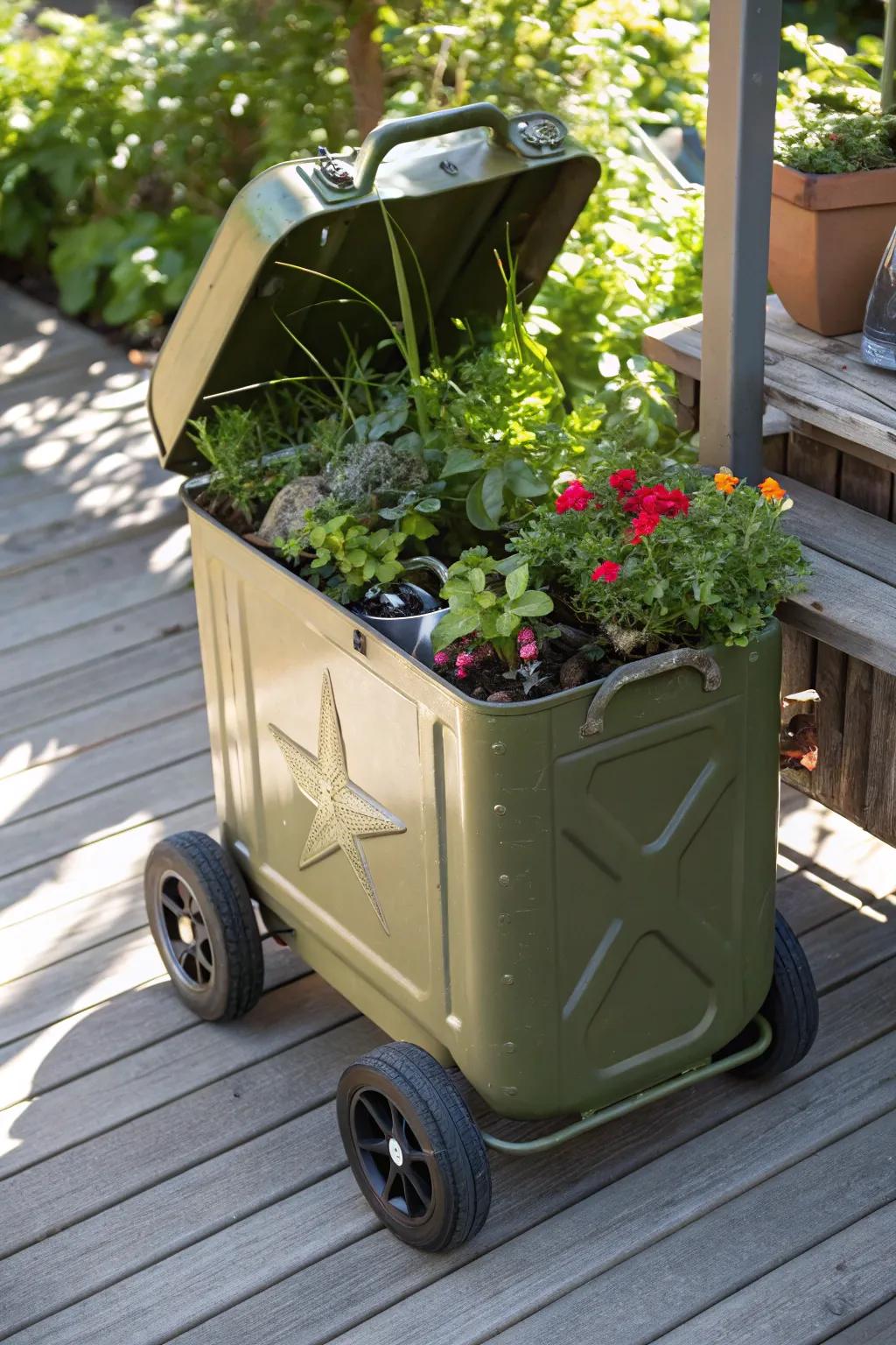 Revamp your garden game with this unique jerry can cart, perfect for the plant enthusiast on the move!
