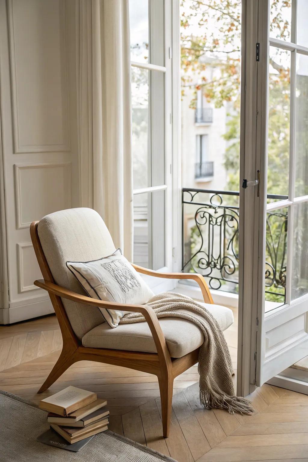 A linen lounge chair by the Juliet doors turns the balcony view into a serene reading nook.