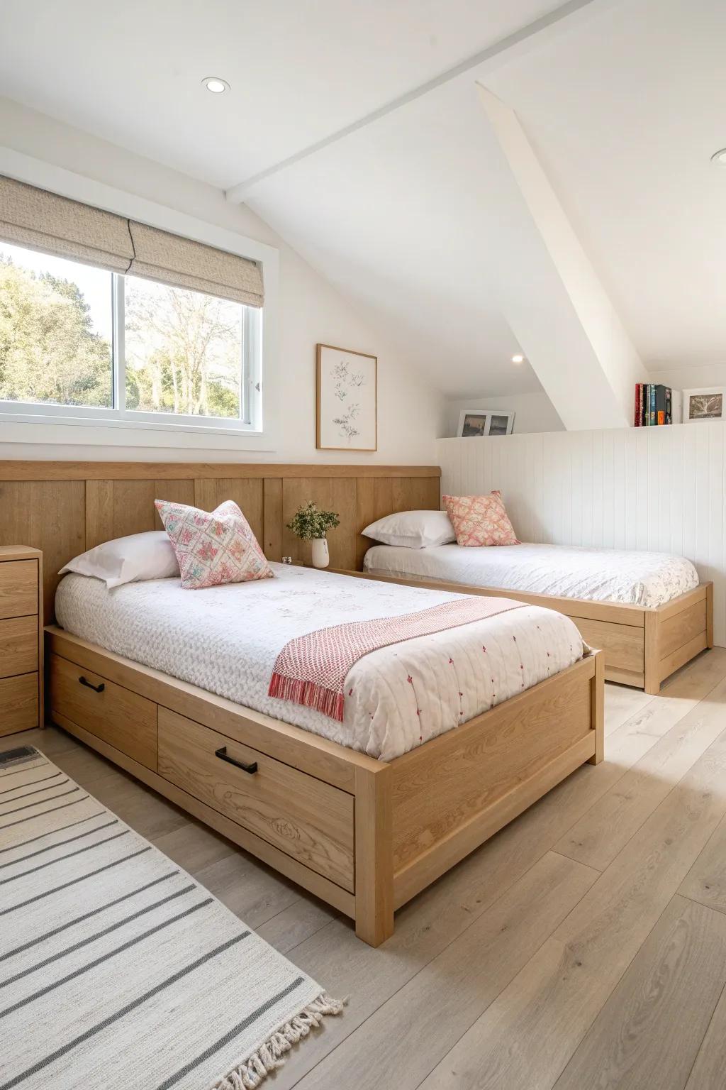 A shared sleep wall: twin beds side-by-side for equal space and an easy aisle in small rooms.